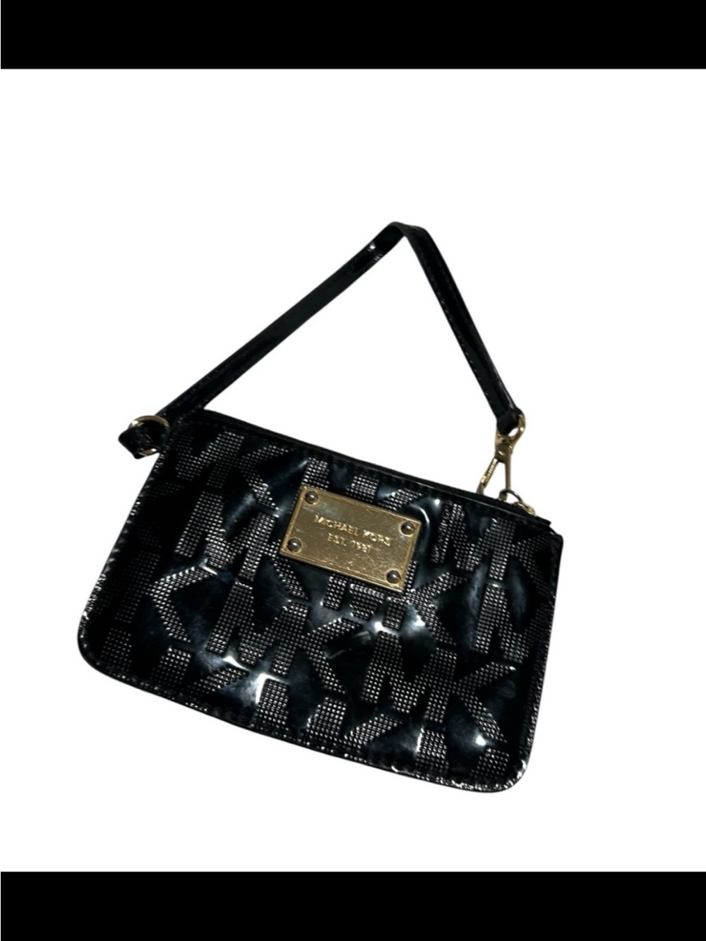 Michael Kors Black Patent Logo Wristlet with Gold Plaque